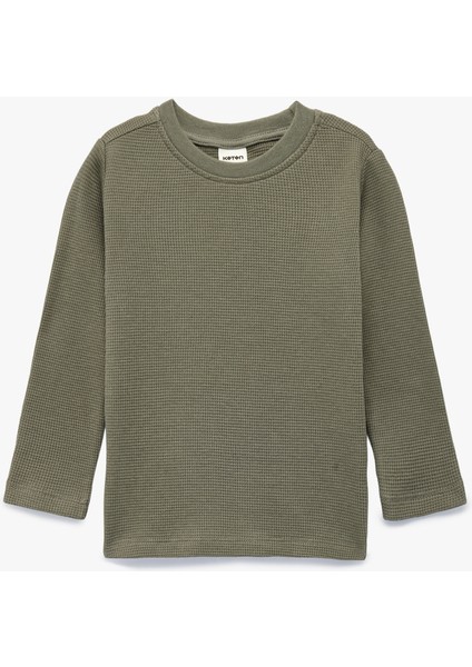 Pamuklu Uzun Kollu Bisiklet Yaka Dokulu Basic Tişört