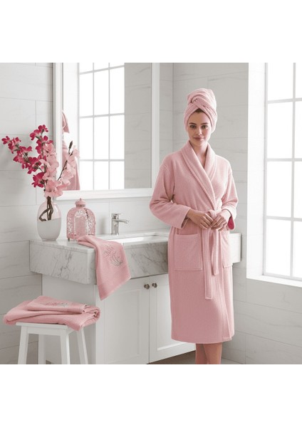 Kadın Havlulu Banyo Bornoz Takımı %100 Pamuklu Pembe