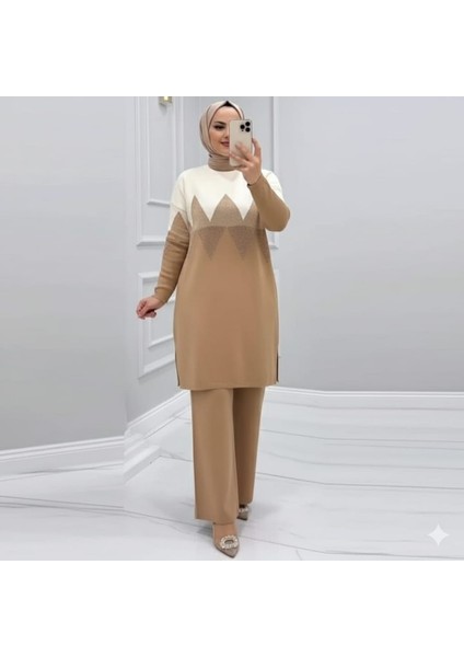 Zikzak Desenli Simli Triko Pantolonlu Tunik Takım