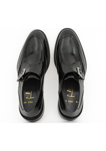 Hakiki Açma Deri Siyah Klasik Kösele Erkek Ayakkabı Toka Detaylı - K0044