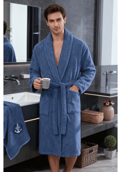 Erkek Havlulu Banyo Bornoz Takımı Pamuklu Lacivert