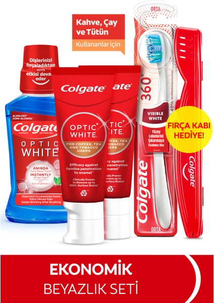 Optic White Kahve, Çay ve Tütün Kullananlar için Diş Macunu 125 ml, 360 Visible White Orta Diş Fırçası, Optic White Ağız Bakım Suyu 250 ml
