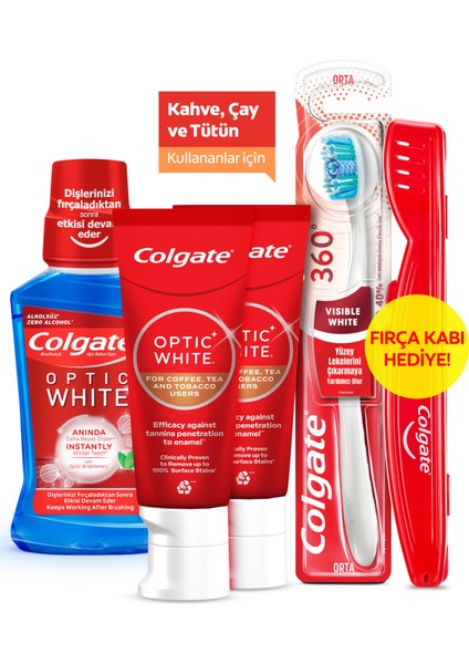 Optic White Kahve, Çay ve Tütün Kullananlar için Diş Macunu 125 ml, 360 Visible White Orta Diş Fırçası, Optic White Ağız Bakım Suyu 250 ml fiyatları