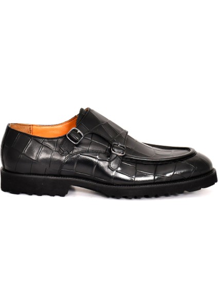 Hakiki Açma Deri Siyah Klasik Kösele Erkek Ayakkabı Toka Detaylı - K0044
