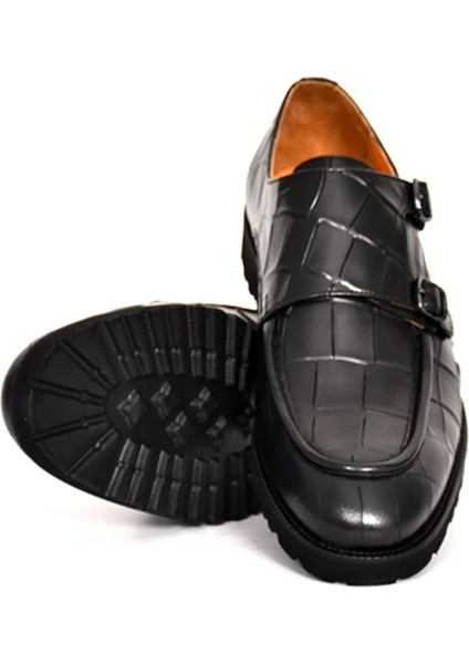 Hakiki Açma Deri Siyah Klasik Kösele Erkek Ayakkabı Toka Detaylı - K0044