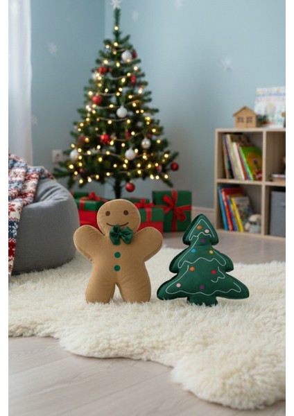 2’li Peluş Set – Kurabiye Adam ve Çam Ağacı Hediyelik Dekoratif Oyuncak Yastık