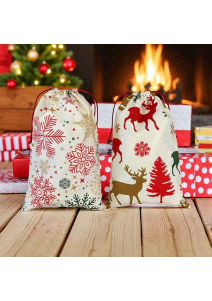 Hediye Paketi 20X30CM Yılbaşı Kar Taneli ve Geyik Desenli Hediye Kesesi Kumaş 2li Set