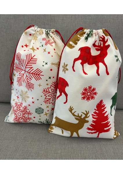 Hediye Paketi 20X30CM Yılbaşı Kar Taneli ve Geyik Desenli Hediye Kesesi Kumaş 2li Set fiyatları