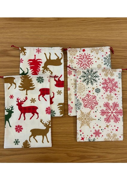 Hediye Paketi 20X30CM Yılbaşı Kar Taneli ve Geyik Desenli Hediye Kesesi Kumaş 2li Set modelleri