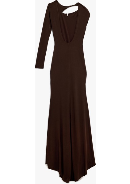 Uzun Kollu Metal Aksesuarlı Sırtı Pencere Detaylı Uzun Tek Omuz Elbise fiyatları