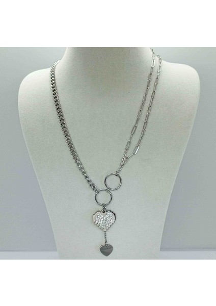 Çelik Silver Sallantılı Ikili Kalp Kolye