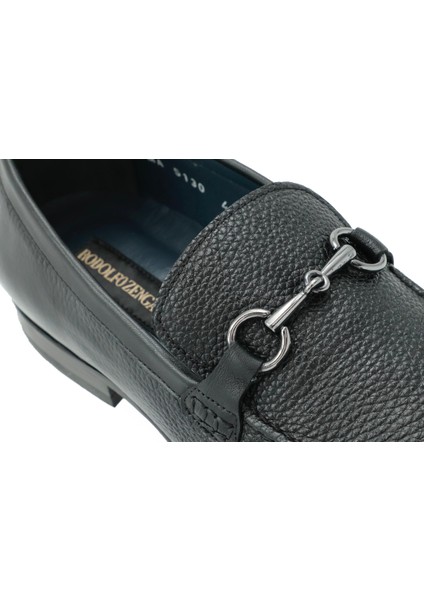 Hakiki Deri Siyah Mokasen Erkek Kösele Ayakkabı - Toka Detaylı