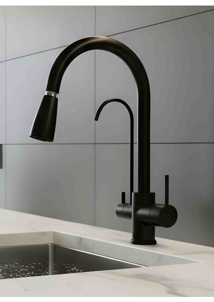 Deluxe Arıtmalı Spiralli Mat Siyah Mutfak Bataryası | 3 Yollu Sıcak Soğuk Su Musluğu, Modern Tasarım