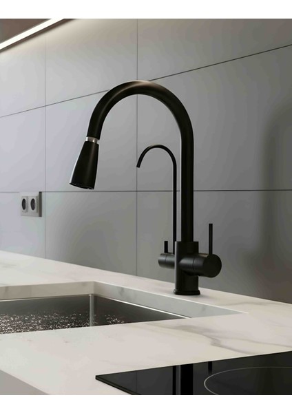 Deluxe Arıtmalı Spiralli Mat Siyah Mutfak Bataryası | 3 Yollu Sıcak Soğuk Su Musluğu, Modern Tasarım fiyatları