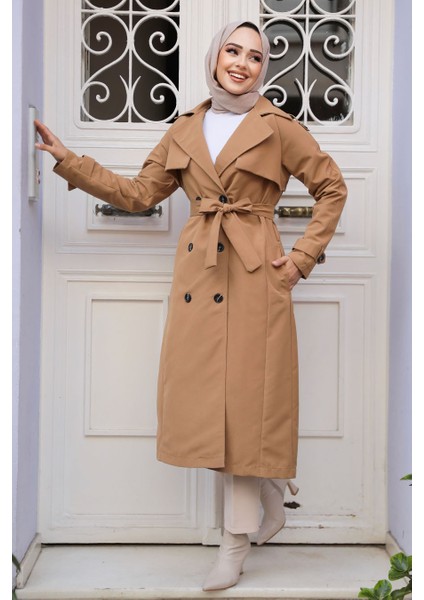 Kemerli Bisküvi Tesettür Trençkot 61261BS
