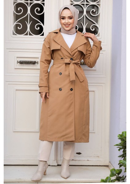 Kemerli Bisküvi Tesettür Trençkot 61261BS fiyatları