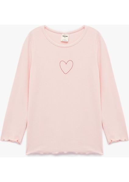 Pamuklu Uzun Kollu Kaşkorse Kalp Işlemeli Bisiklet Yaka Tişört