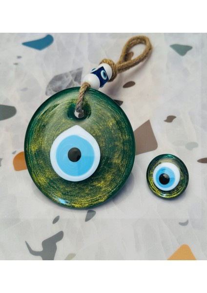 El Yapımı Hediyelik Dekoratif Nazar Boncuğu, Simli ve Ipli, Yeşil 11 cm Cam Nazarlık ve Magnet modelleri