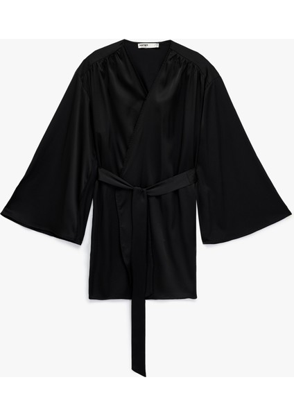 Kruvaze Yaka Uzun Kollu Bağlama Detaylı Sabahlık