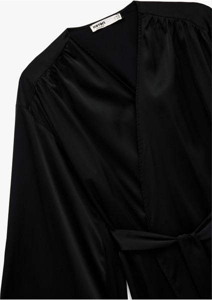 Kruvaze Yaka Uzun Kollu Bağlama Detaylı Sabahlık modelleri