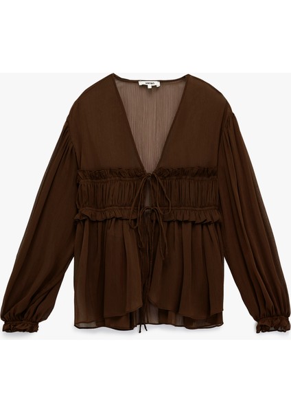 Uzun Kollu Transparan V Yaka Fırfır Detaylı Önden Bağlamalı Tül Bluz