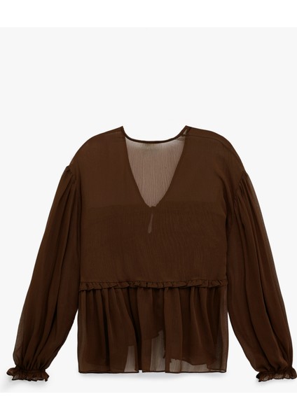 Uzun Kollu Transparan V Yaka Fırfır Detaylı Önden Bağlamalı Tül Bluz fiyatları