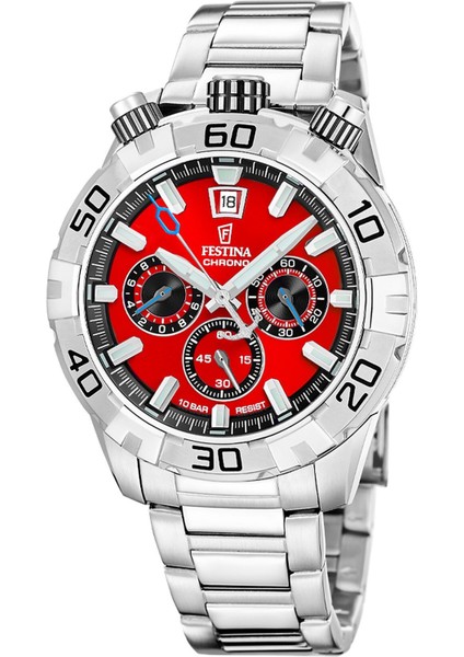 F20743/5 Quartz Chrono Çelik Gri Kırmızı Kadran 10 Atm 45 mm Erkek Kol Saati