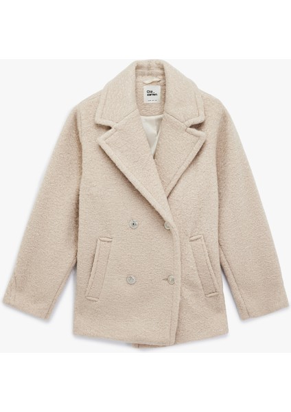 Düğmeli Cep Detaylı Kruvaze Yaka Oversize Buklet Kaban