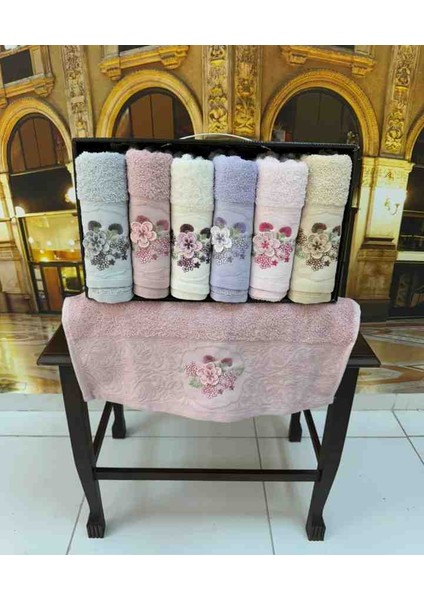 %100 Pamuklu Jakarlı 3D Nakışlı 6 Renk Çeyizlik Lüx El ve Yüz Havlusu Kutulu Set modelleri