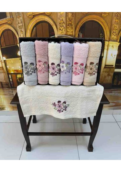 %100 Pamuklu Jakarlı 3D Nakışlı 6 Renk Çeyizlik Lüx El ve Yüz Havlusu Kutulu Set fırsatları