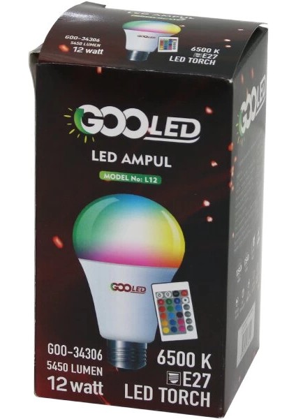 12W Kumandalı Rgb=renkli LED Ampul E27 5450 Lumen 6500K 15000 Saat Ömür (5148)