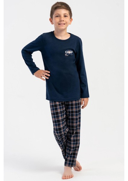 Erkek Çocuk Lacivert Uzun Kollu Bisiklet Yaka Ekose Alt Pijama Takımı C4T3N2305