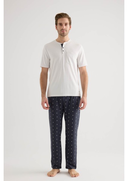 Erkek Pamuklu Kısa Kollu Uzun Pijama Takımı