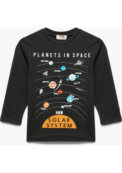 Baskılı Uzun Kollu Bisiklet Yaka Pamuklu Tişört