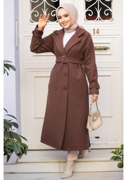 Kemerli Kahverengi Kaşe Tesettür Kaban 61251KH