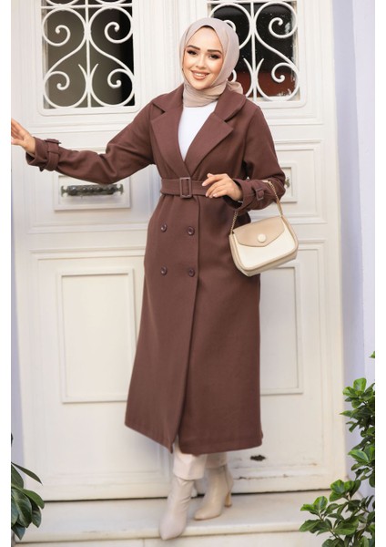 Kemerli Kahverengi Kaşe Tesettür Kaban 61251KH fiyatları