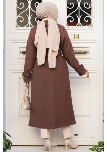 Kemerli Kahverengi Kaşe Tesettür Kaban 61251KH modelleri