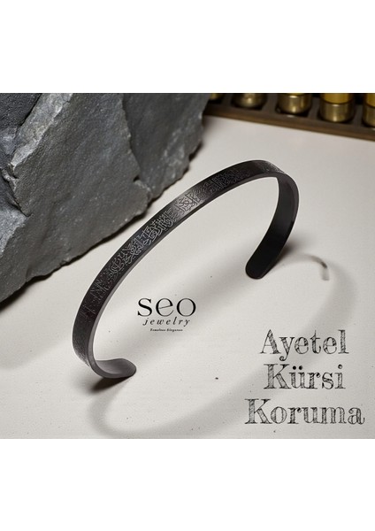 Ayetel Kürsi Manevi Koruma Çelik Siyah Bileklik