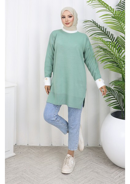 Triko Kolu Düğme Detaylı Garnili Tunik 3000-10 Çağla Yeşili