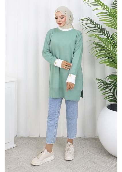 Triko Kolu Düğme Detaylı Garnili Tunik 3000-10 Çağla Yeşili fiyatları