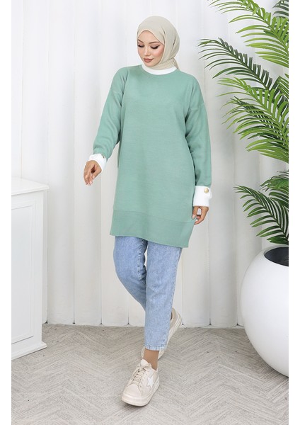 Triko Kolu Düğme Detaylı Garnili Tunik 3000-10 Çağla Yeşili modelleri