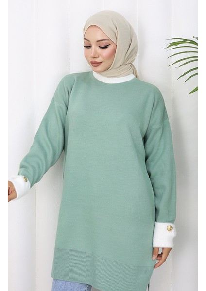 Triko Kolu Düğme Detaylı Garnili Tunik 3000-10 Çağla Yeşili fırsatları