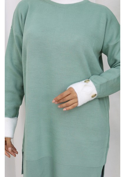 Triko Kolu Düğme Detaylı Garnili Tunik 3000-10 Çağla Yeşili indirimleri