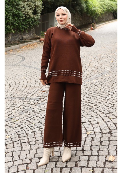 Triko Biye Geçişli Kazak Pantolon Ikili Takım 0017-07 Kahverengi