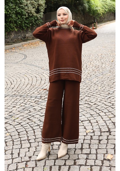 Triko Biye Geçişli Kazak Pantolon Ikili Takım 0017-07 Kahverengi fiyatları