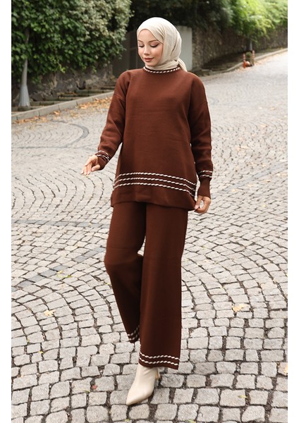 Triko Biye Geçişli Kazak Pantolon Ikili Takım 0017-07 Kahverengi modelleri