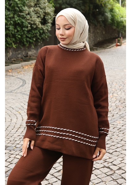 Triko Biye Geçişli Kazak Pantolon Ikili Takım 0017-07 Kahverengi fırsatları