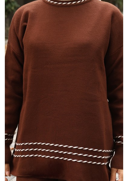 Triko Biye Geçişli Kazak Pantolon Ikili Takım 0017-07 Kahverengi indirimleri