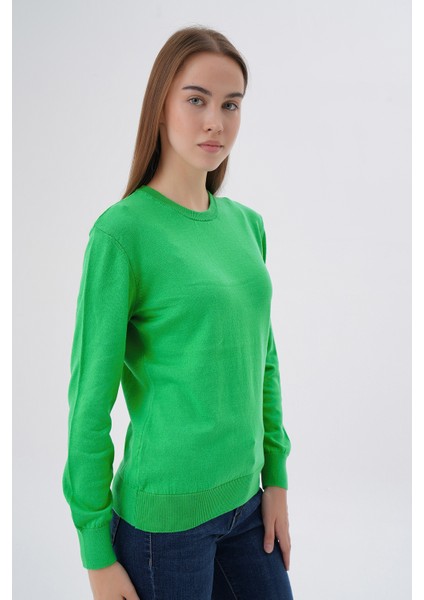 Kadın Yeşil %100 Organik Pamuk Bisiklet Yaka Triko Kazak Bluz TRIST-6101