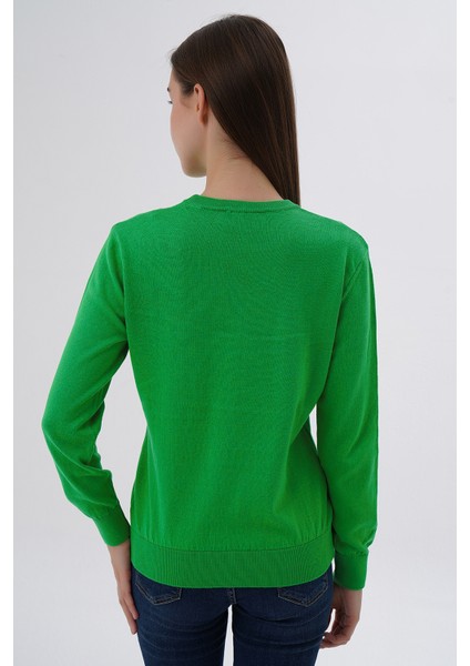 Kadın Yeşil %100 Organik Pamuk Bisiklet Yaka Triko Kazak Bluz TRIST-6101